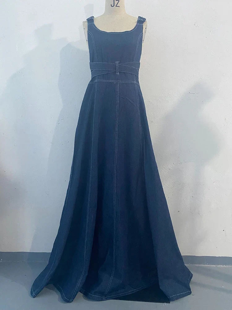 Summer Detachable Strap Backless Design Waist-Cinching Long Denim Dresses