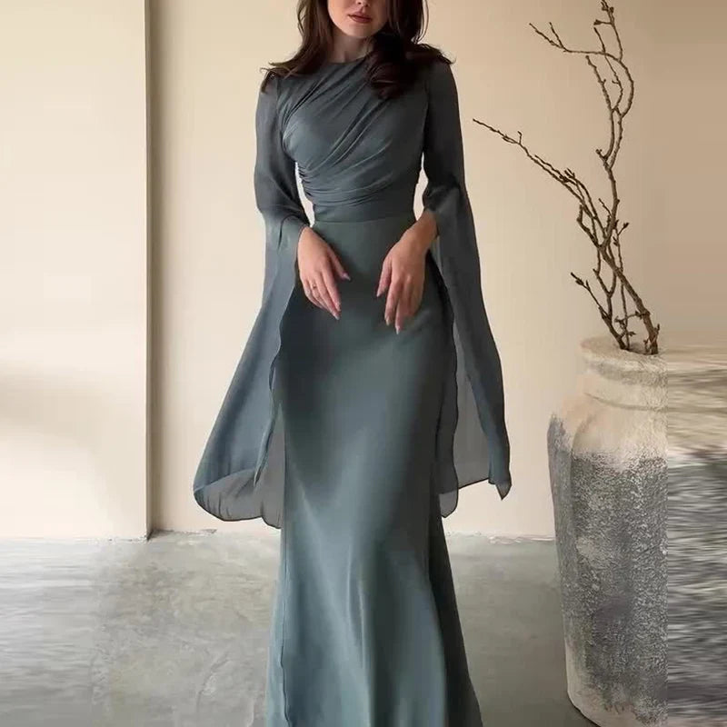 Elegant Batwing Sleeves High Waist Pleats Long Dresses