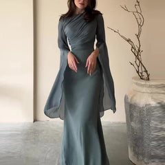 Elegant Batwing Sleeves High Waist Pleats Long Dresses