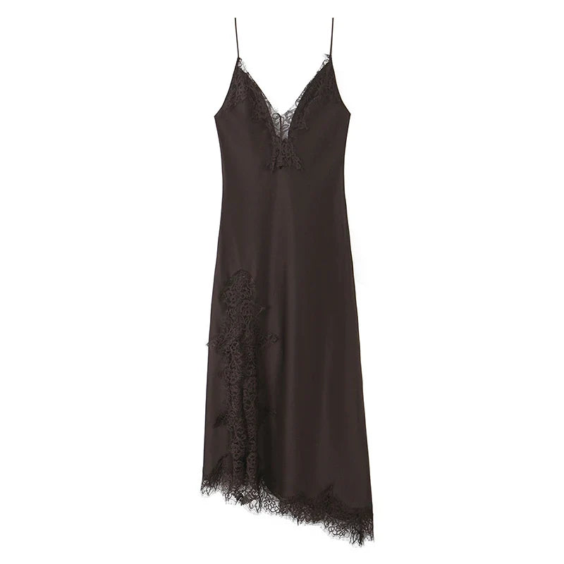 Lace Trim Long Satin Sling Dresses