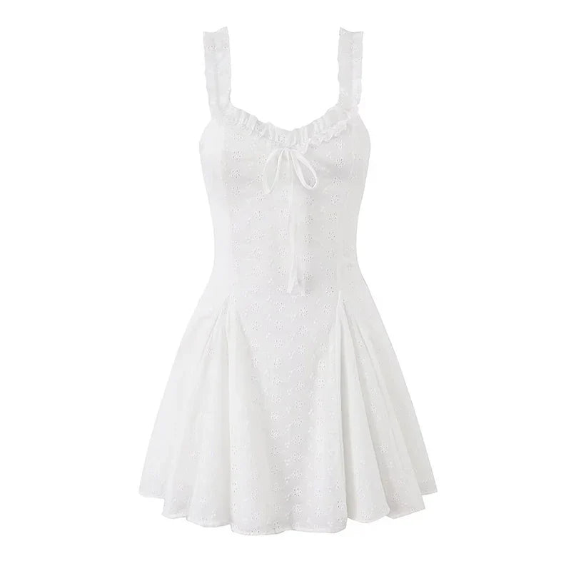 Hollow Out Embroidery White Mini Dresses Ruffle Trim V Neck Sleeveless Casual Summer Vacation Party Dress