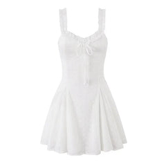 Hollow Out Embroidery White Mini Dresses Ruffle Trim V Neck Sleeveless Casual Summer Vacation Party Dress
