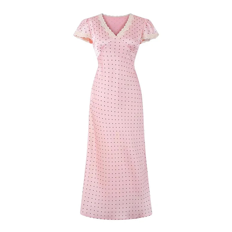 Pink Dot Print Elegant Long Dresses Lace Trim V Neck Short Sleeve A-line Summer Dresses