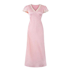 Pink Dot Print Elegant Long Dresses Lace Trim V Neck Short Sleeve A-line Summer Dresses
