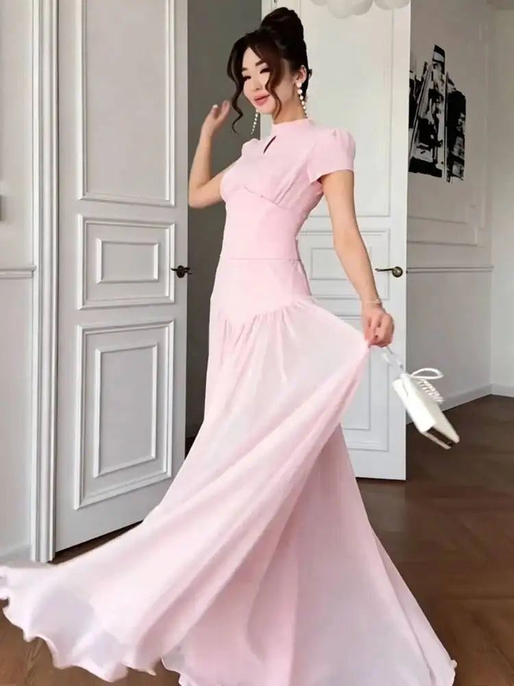 Autumn Stand Up Collar Short Sleeved Waist Cinching Patchwork Dresses