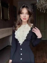 Autumn Solid Color Floral Collar Long Sleeve High Waist Elegant Dresses