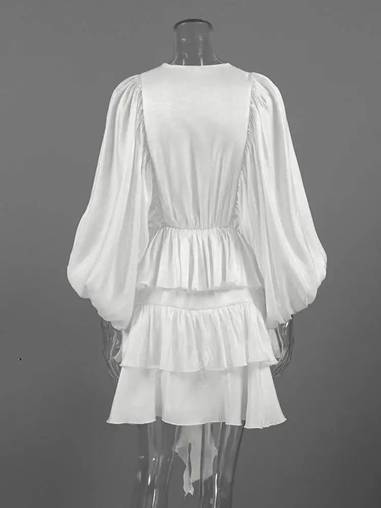 Simple Casual Round Neck Lantern Sleeve Layered Ruffle Edge Dresses