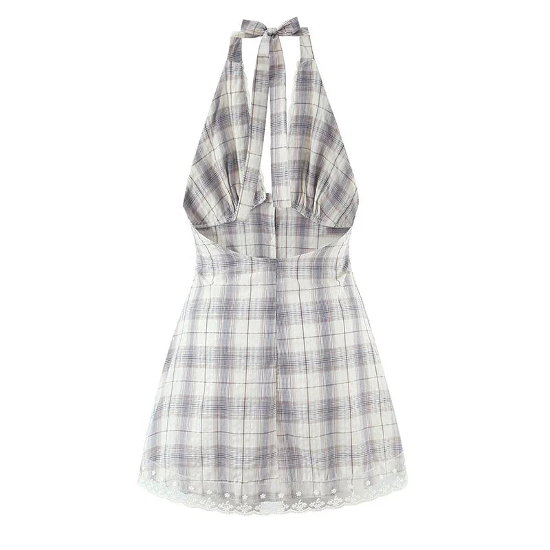 Sexy Backless Halter Plaid Dresses