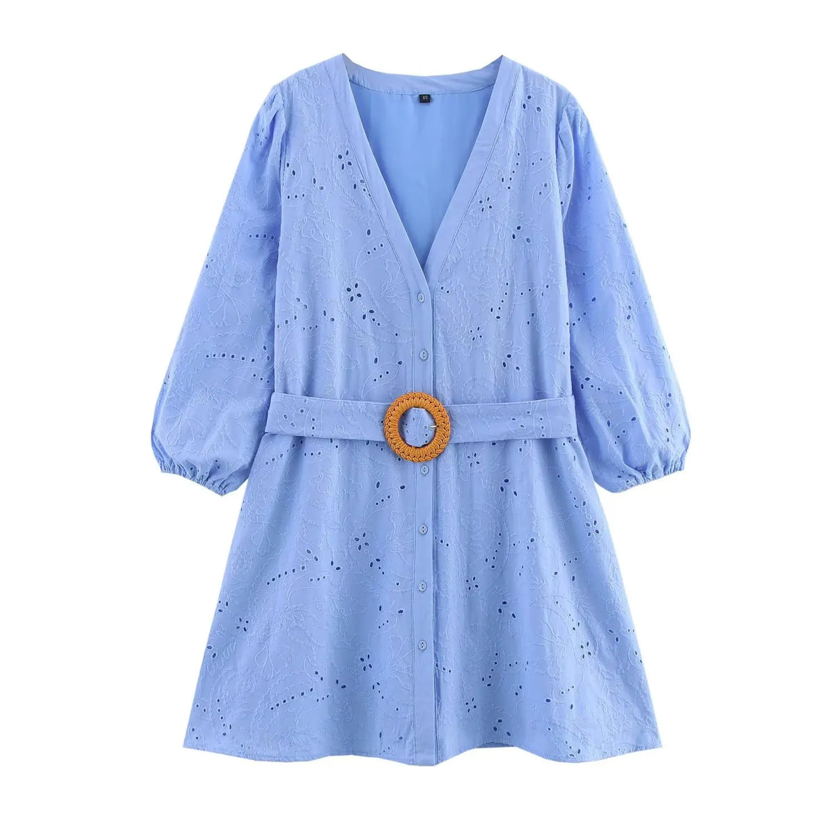 Spring Sky Blue Hollow Out Embroidery Short Dresses