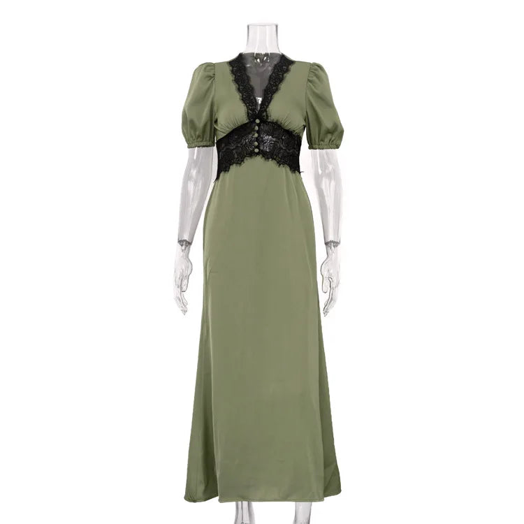 Fashionable Lace Patchwork V-neck Bubble Sleeve High Waisted Dresses