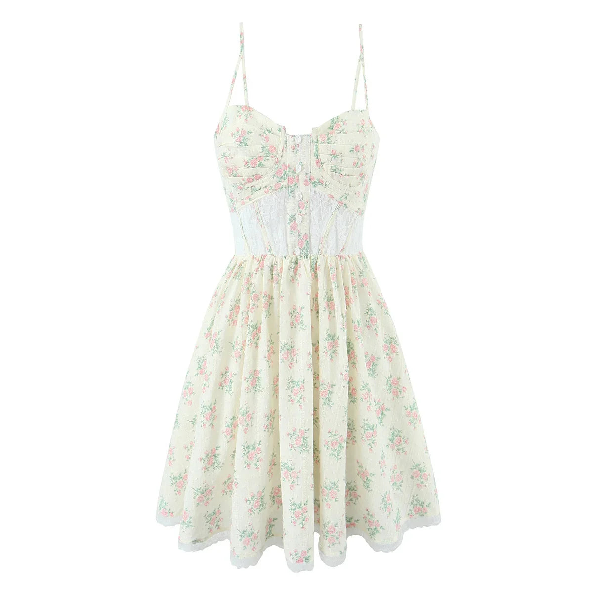 French Style Lace Spliced Floral Print Sling Mini Dresses