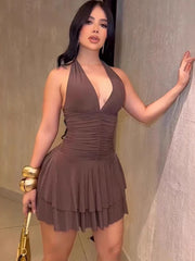 Summer Deep V Sexy Halter Neck Backless Pleated Hem Mini Slim Dresses For Women