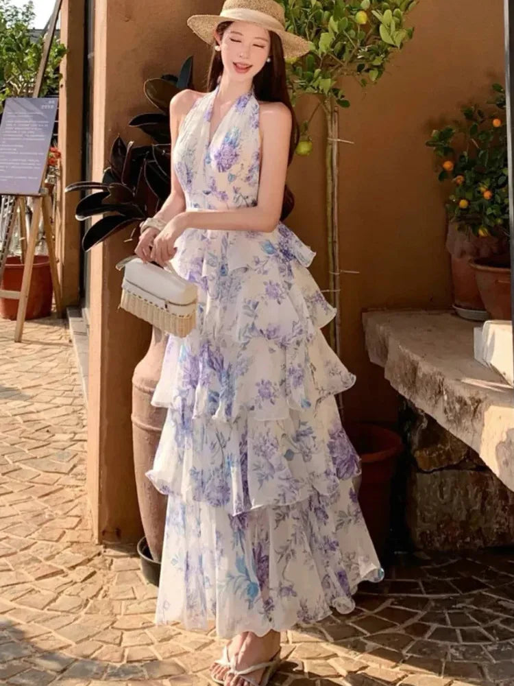 Sweet Printed Hanging Neck Dresses