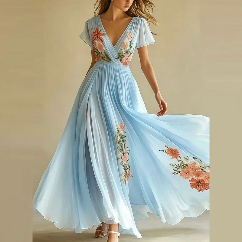V-neck Floral Printed Chiffon Maxi Dresses