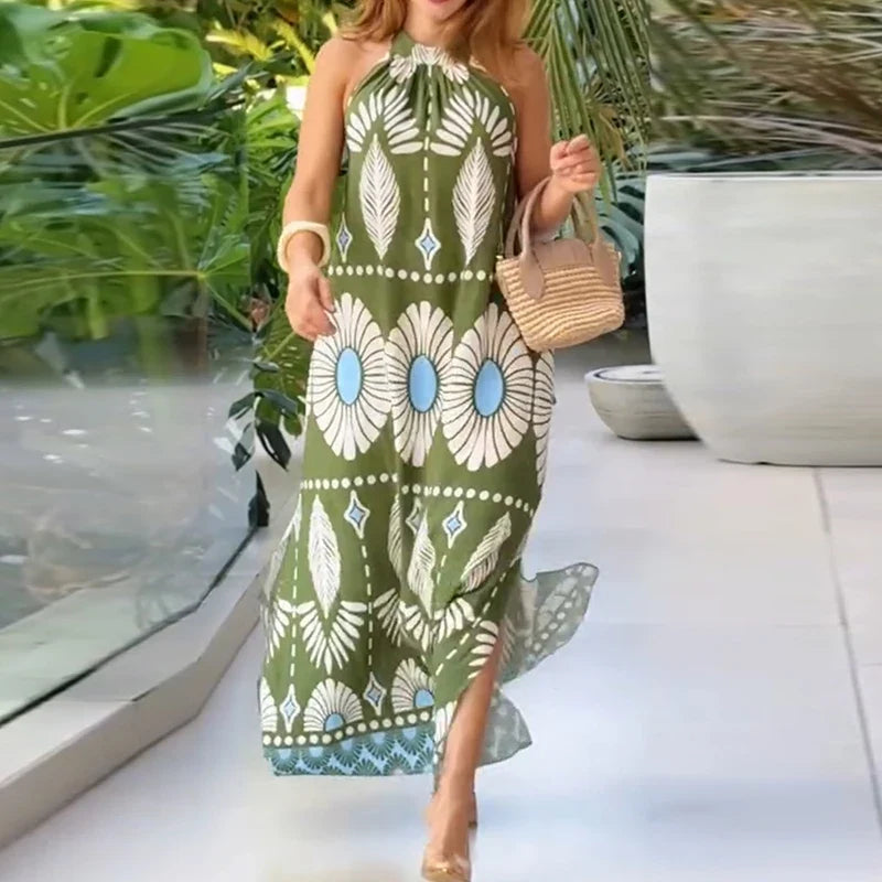 Green Pattern Print Bohemian Dresses