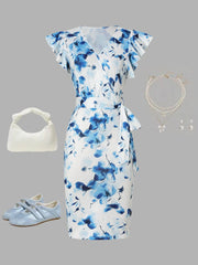 Summer Blue Floral Print Maxi Dress, Elegant Vacation Style Waist Slimming A-Line Casual Party Sundress