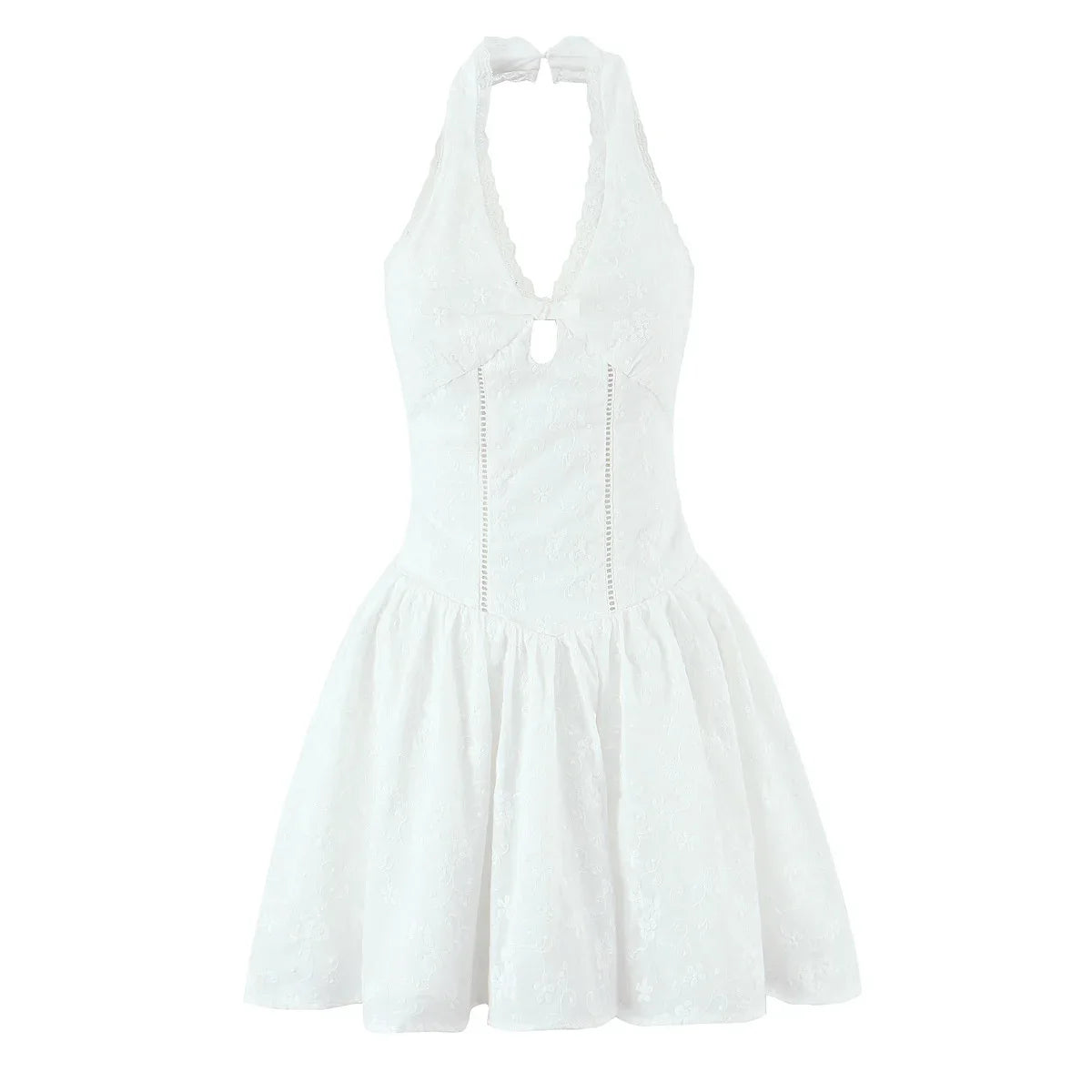 Sweet Girl Floral Embroidery White Halter Mini Dresses
