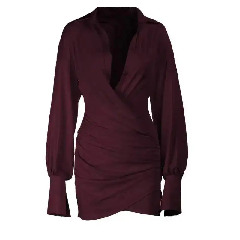 Lapel Collar Wrap Ruched Bodycon Mini Dresses