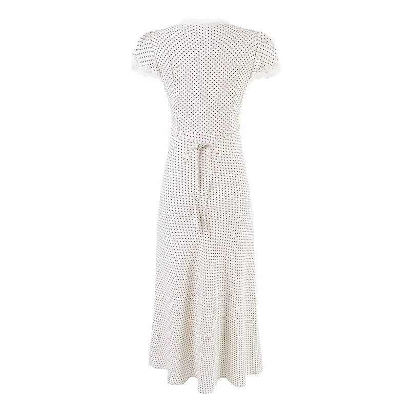 French Lace Trim V Neck Polka Dot Dresses Short Sleeve A-line Midi Elegant Summer Dresses