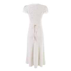 French Lace Trim V Neck Polka Dot Dresses Short Sleeve A-line Midi Elegant Summer Dresses