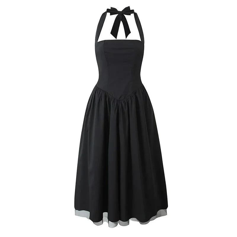 Sexy Backless Mesh Patchwork Halter Dresses