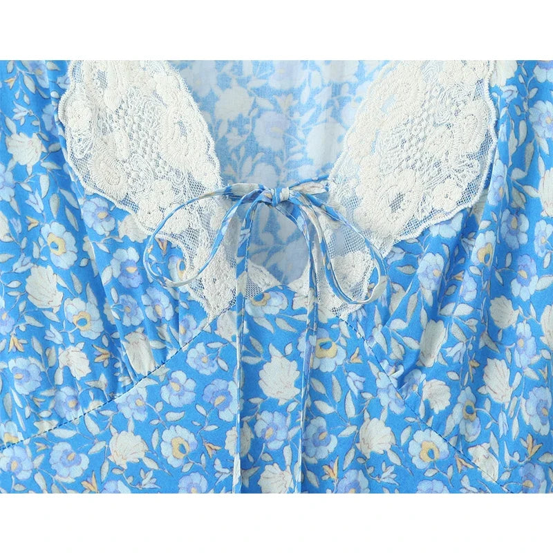 Lace Trim Blue Floral Print Elegant Summer Long Dresses