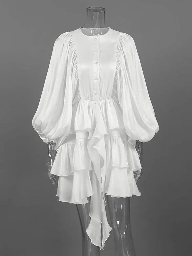 Simple Casual Round Neck Lantern Sleeve Layered Ruffle Edge Dresses