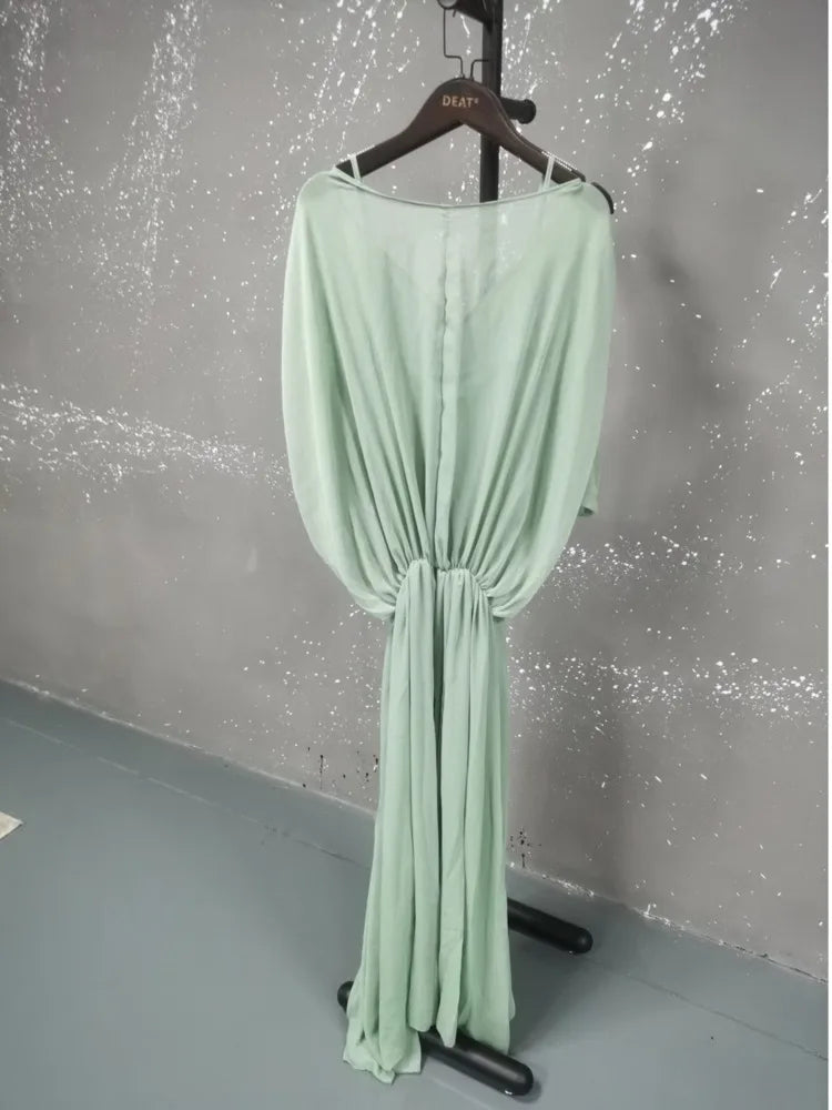 summer V-neck lantern batwing sleeves pleated green color slim high waist pullover loose Dresses