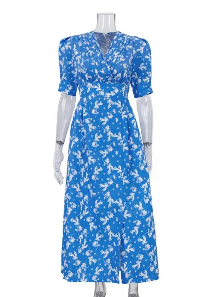 Temperament Print V-neck Bubble Sleeves Pleated Waist Cinched Slit Dresses
