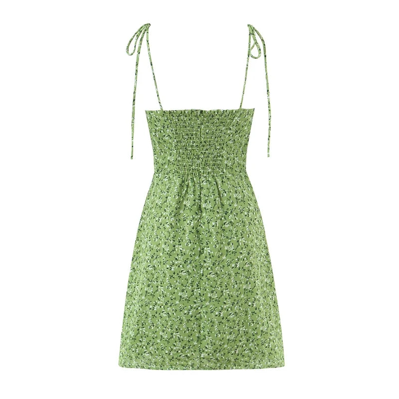 Sexy Spaghetti Straps Green Floral Print Dresses
