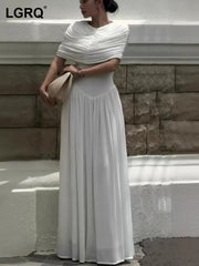 Socialite Style Floor Length V Neck Wrinkles Boat Neck Solid Color Knitting Fitted Dresses Model