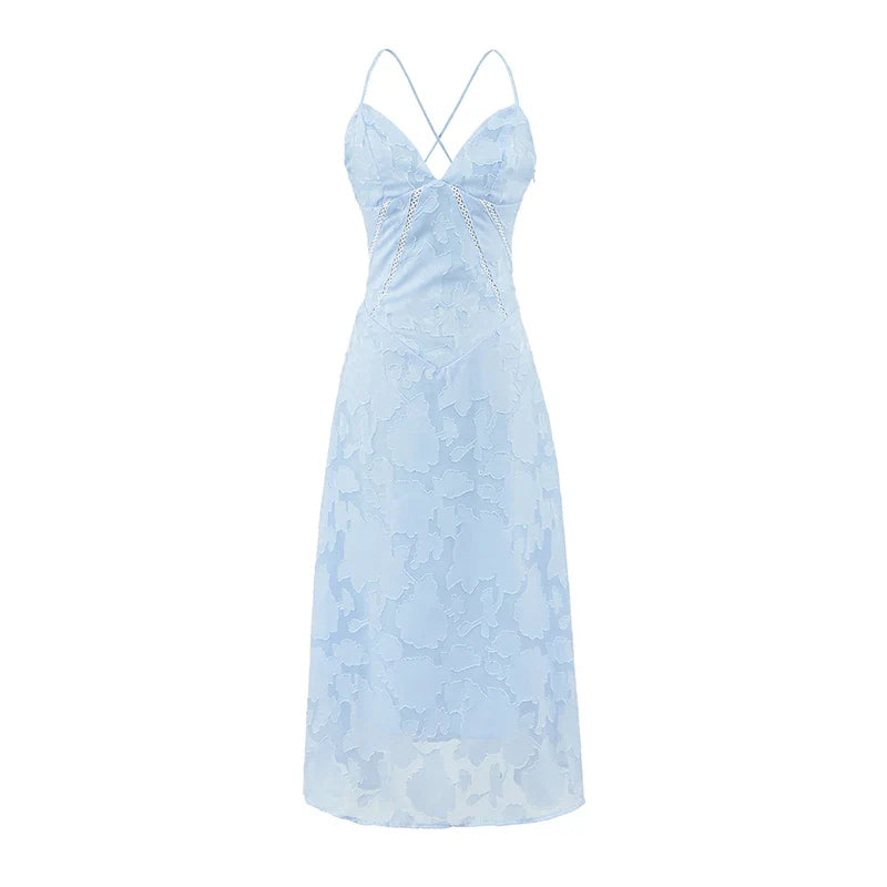 Summer Light Blue Floral Jacquard Midi Dresses