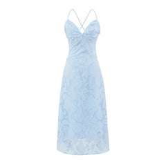 Summer Light Blue Floral Jacquard Midi Dresses