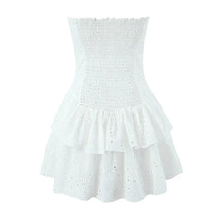 Sexy Hollow Out Embroidery Strapless Dresses Front Buckle Fit And Flare Party Mini Dresses Black White Cotton Robe