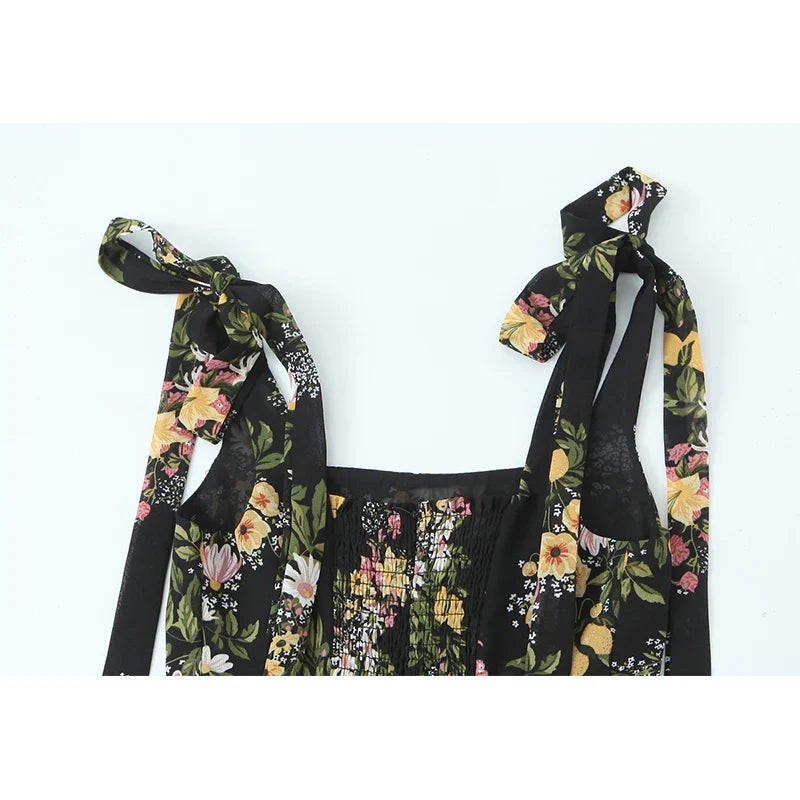 French Style Floral Print Sexy Slits Sling Dresses