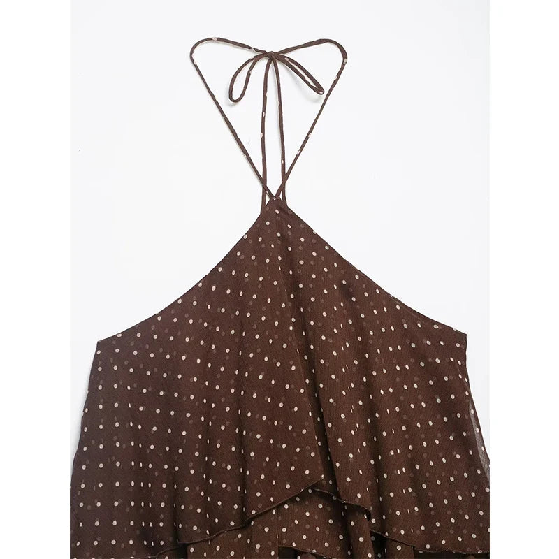 Summer Brown Polka Dot Halter Mini Dresses