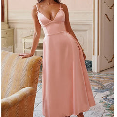 High Street Satin Pink Sling Sexy Elegant Dresses Thin Straps V Neck A-line Midi Evening Party Dresses