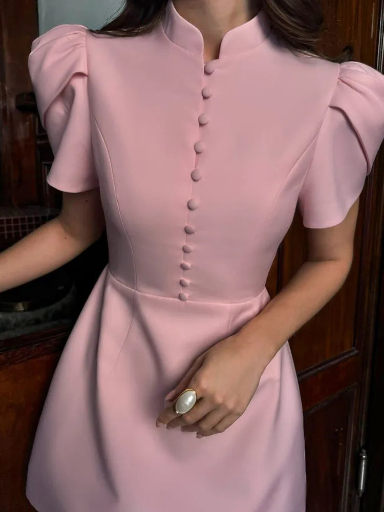 Summer Stand Up Collar Bubble Sleeve High Waisted Dresses
