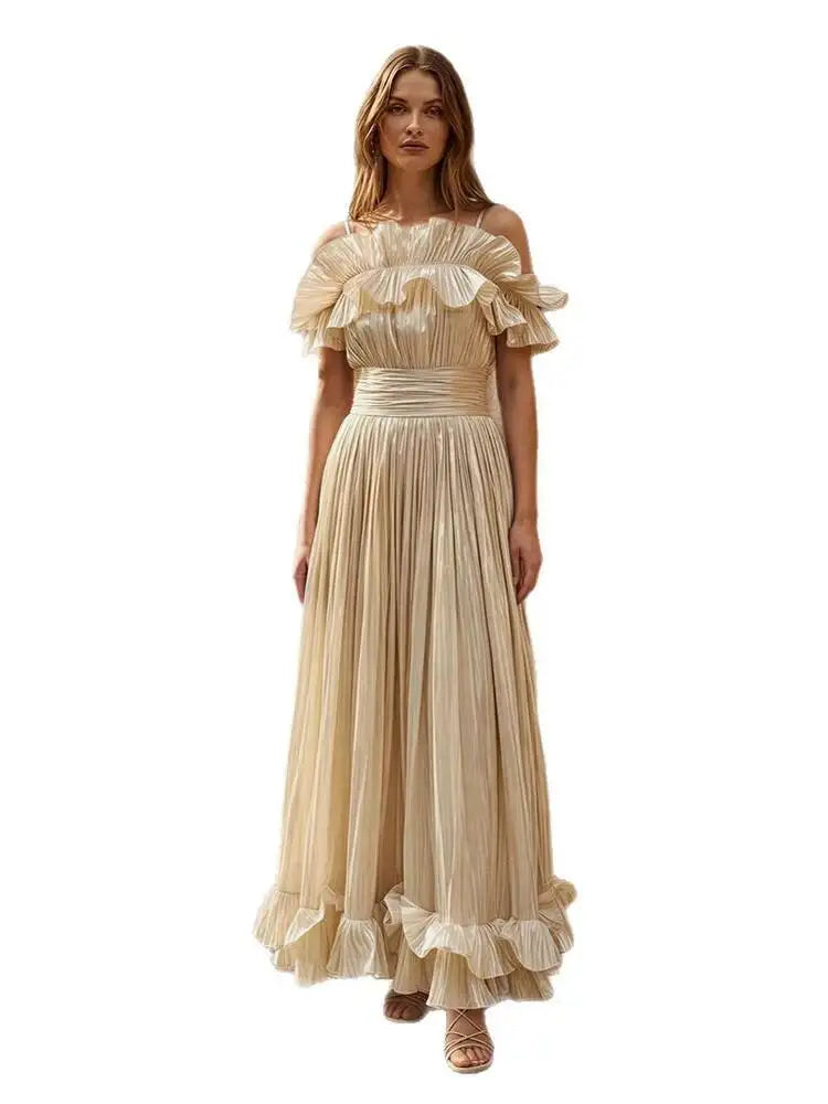 Elegant Slash Neck Lotus Flounced Edge Pleated Waist Dresses