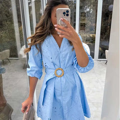 Spring Sky Blue Hollow Out Embroidery Short Dresses
