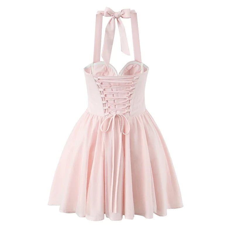 Elegant Pink White Sexy Backless Halter Ball Gown Mini Dresses For Lace Up Bandage Back Mesh Patchwork Party Dress