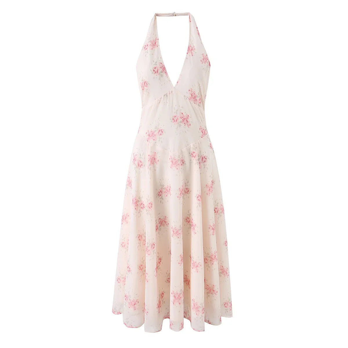 Summer Floral Print Halter Midi Dresses
