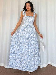 French Elegant Pleated Flounce Floral Print Long Dress, Sleeveless V-Neck Ruffled Dress, Summer Ladies Light Blue Gown Blue