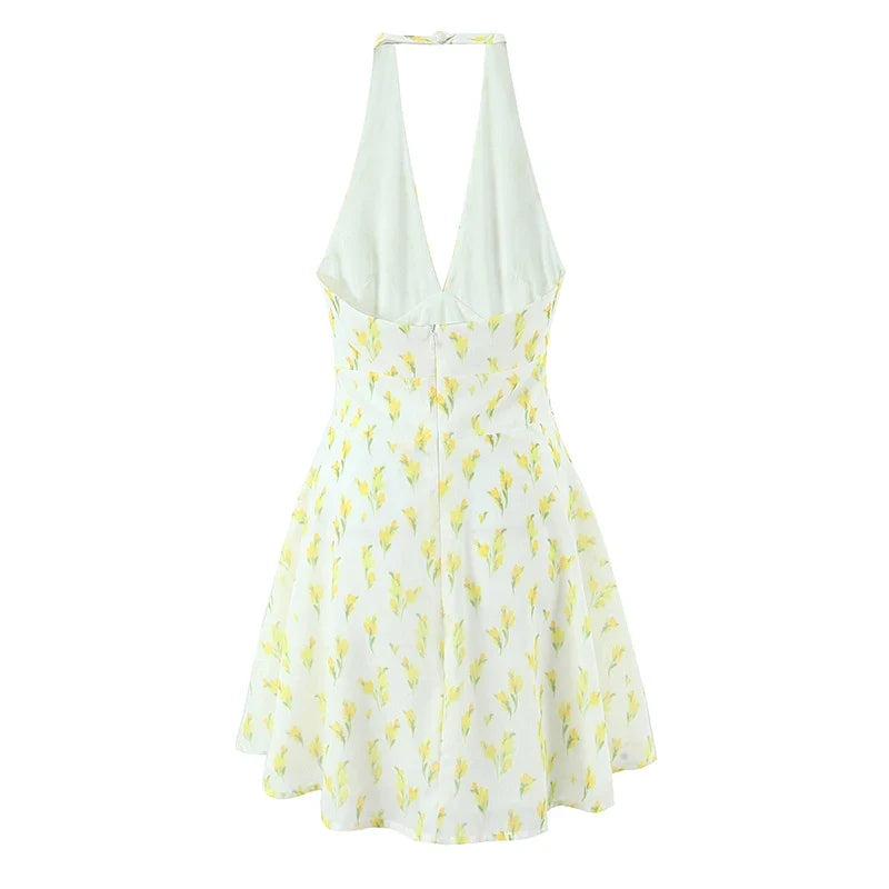 Sweet Print Halter Holiday Summer Dresses Pretty Girl Sexy Backless A-line Short Dresses