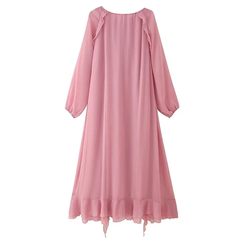 Cascade Ruffles Lace Up V Neck Chiffon Long Dresses Full Sleeve A-line Holiday Autumn Dresses