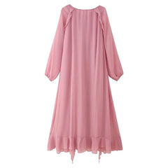Cascade Ruffles Lace Up V Neck Chiffon Long Dresses Full Sleeve A-line Holiday Autumn Dresses