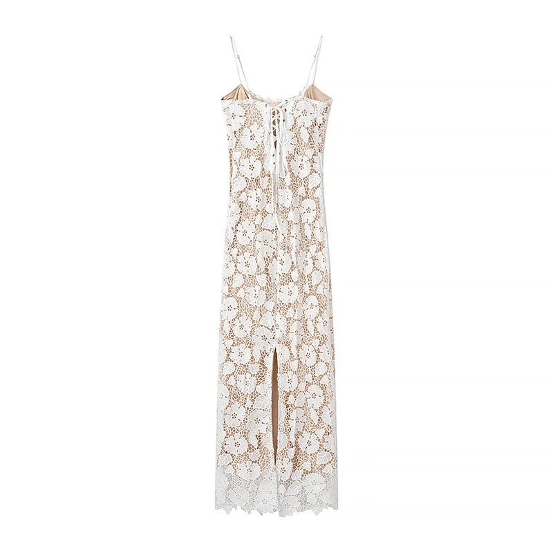 Sexy Spaghetti Straps Back Bandage Lace Long Dresses Slit Chic Fitted Slim Party Maxi Vestidos Bodycon