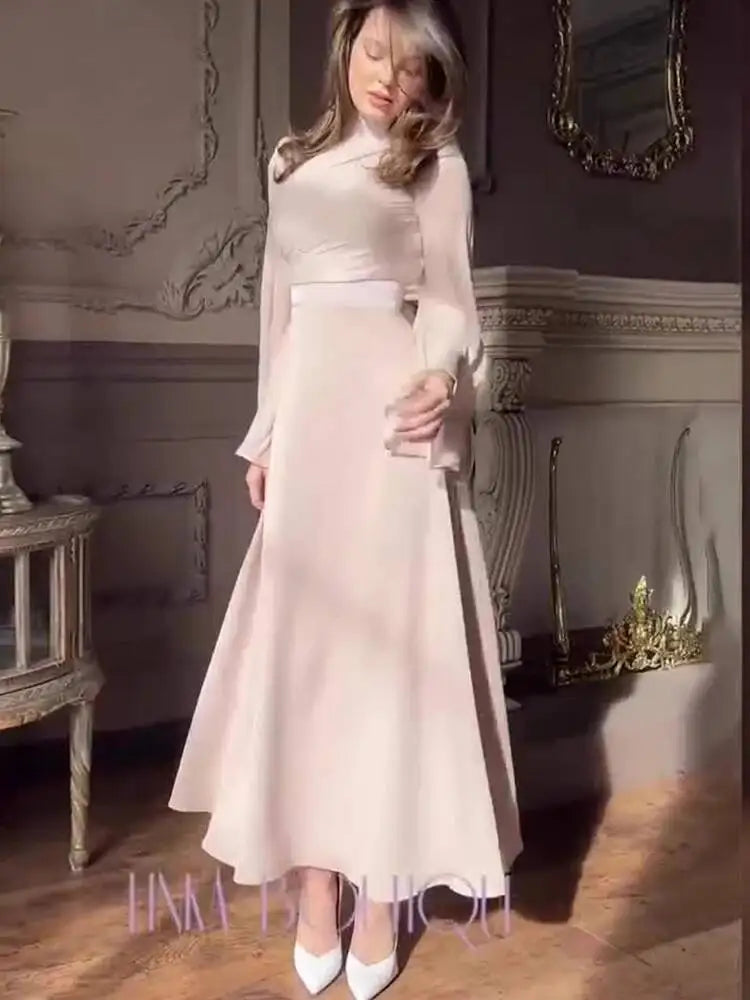 Temperament High Neck Long Sleeved Waist Cinched Pleated Dresses