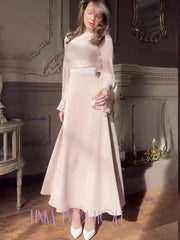 Temperament High Neck Long Sleeved Waist Cinched Pleated Dresses