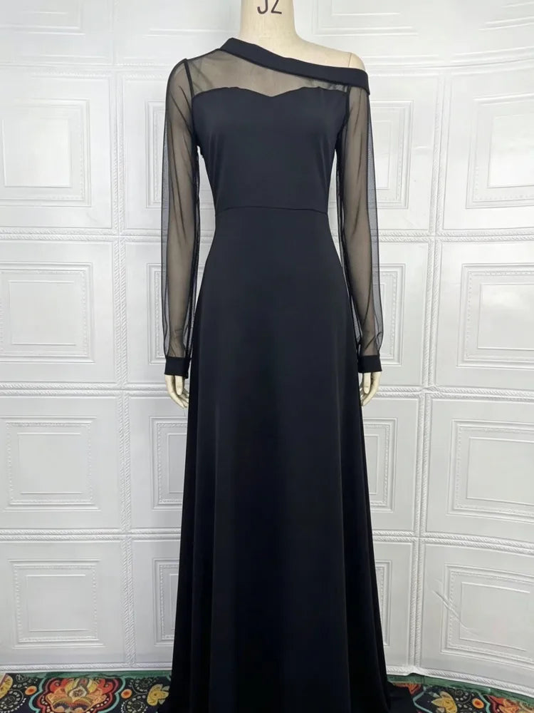 Elegant Diagonal Collar Long Sleeved Mesh Patchwork Dresses